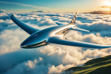 futuristic chrome airplane flying in the sky