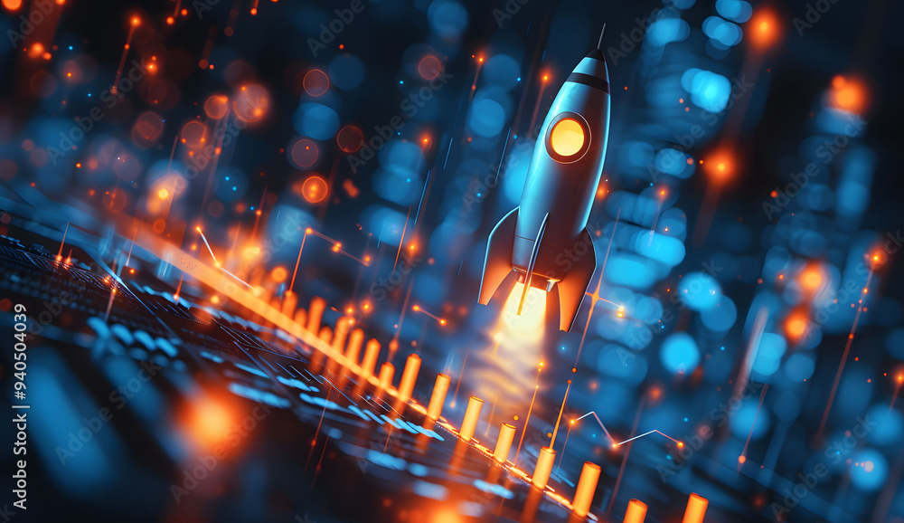 Poster abstract futuristic blue background with glowing arrows pointing upwards and a rocket taking off. ve