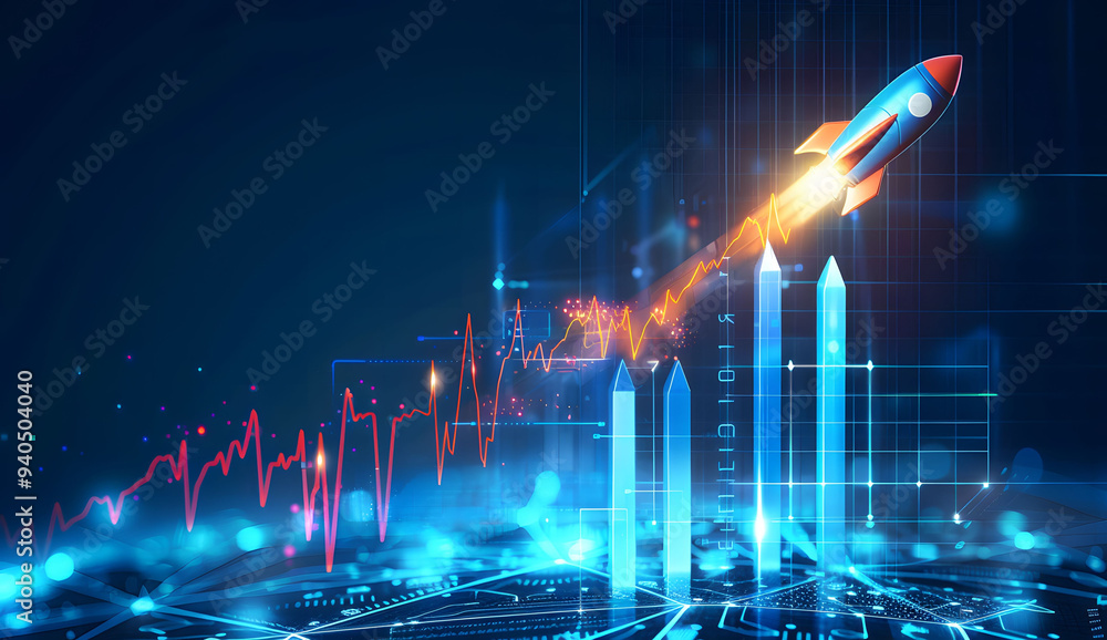 Poster abstract futuristic blue background with glowing arrows pointing upwards and a rocket taking off. ve