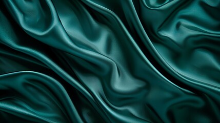 Obraz premium Rich teal green silk satin fabric. Glossy and smooth texture. Elegant folds create a luxurious backdrop with ample space for design. Perfect for web banners or flat lay presentations.