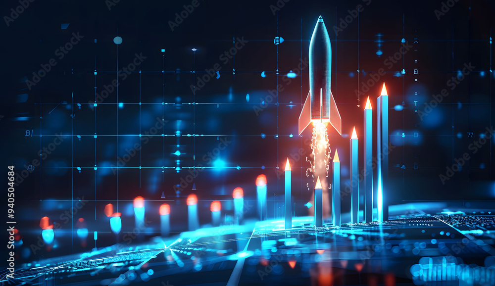 Poster abstract futuristic blue background with glowing arrows pointing upwards and a rocket taking off. ve
