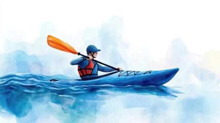 A fluid watercolor of a kayaker s stroke, with soft blues capturing the water s flow, watercolor, kayaking, sports