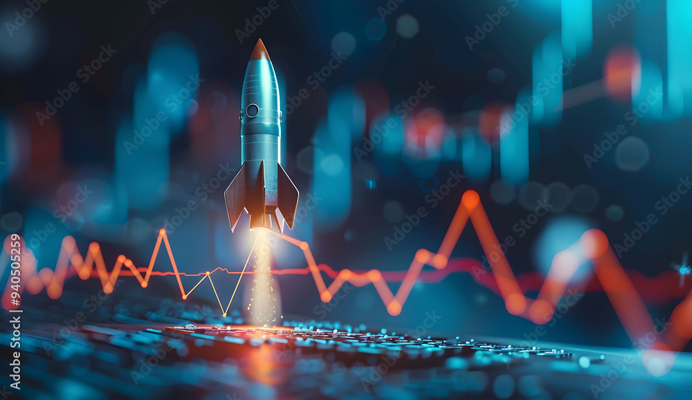 Poster abstract futuristic blue background with glowing arrows pointing upwards and a rocket taking off. ve
