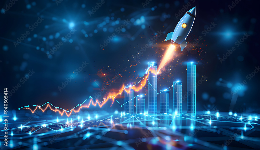Poster abstract futuristic blue background with glowing arrows pointing upwards and a rocket taking off. ve