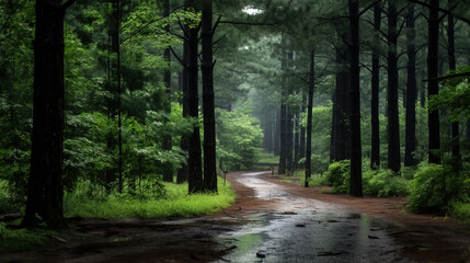 Fototapeta premium Serene Forest Path After Rain: A Tranquil Woodland Scene
