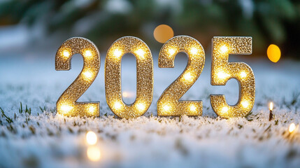 modern 3D rendering of the number "2025" in bold, metallic colors, symbolizing the arrival of the new year. The design conveys optimism, progress, and a fresh start, set against a futuristic backdrop