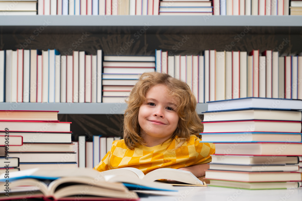 Poster school books and education concept. kid on school library. child reading book at school. nerd pupil 