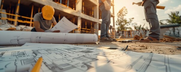 Construction workers analyzing blueprints on site
