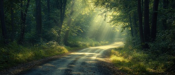 Obraz premium A winding road cutting through a dense forest, with tall, ancient trees on either side, their branches forming a natural canopy overhead. Sunlight filters through the leaves, creating dappled