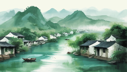 Fototapeta premium Peaceful Village Scene with Boats on the River