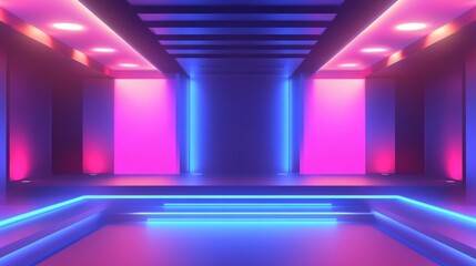 Neon-Lit Room with Pink and Blue Lights and a Platform