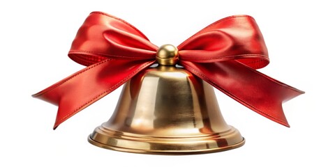 Golden Bell with Red Ribbon Bow, Festive Gift, Celebration, Holiday , bell, bow, christmas