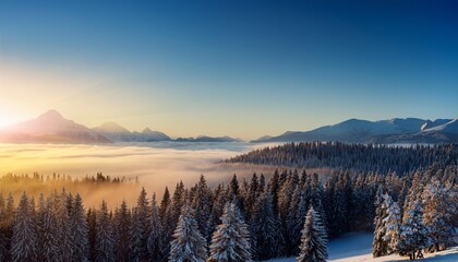 Misty Morning Magic: Sunrise Over Foggy Countryside and Mountains