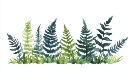 Obraz premium Fern plants flat design, side view, woodland flora theme, water color, Triadic Color Scheme