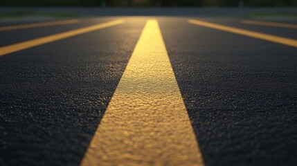 A low angle view of yellow lines on a black asphalt parking lot