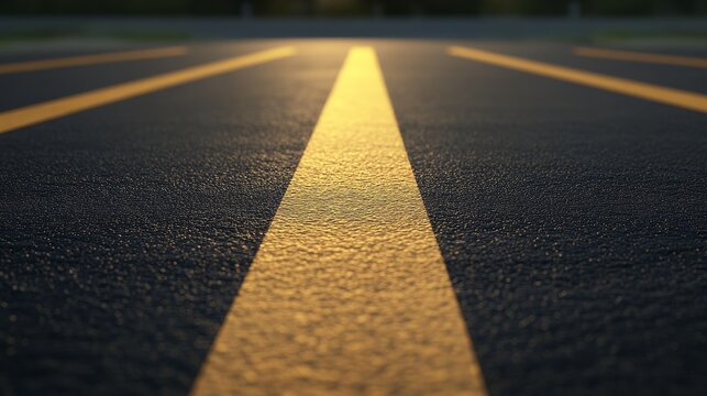 A low angle view of yellow lines on a black asphalt parking lot