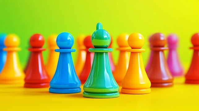 A row of colorful pawns, with a green pawn in the foreground, standing out against a yellow background.