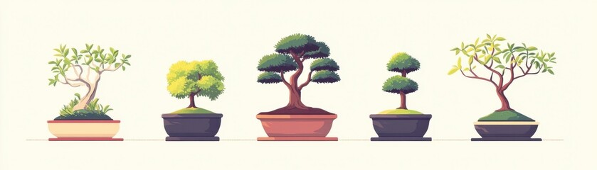 Bonsai trees flat design, top view, miniature plants theme, cartoon drawing, colored pastel