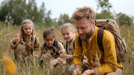 A teacher taking the class on an outdoor nature walk