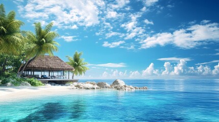 A tropical beach scene with a thatched hut, palm trees, white sand, clear blue water and a bright sky.