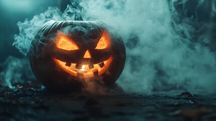 Spooky carved pumpkin glowing eerily in the fog, perfect for Halloween.