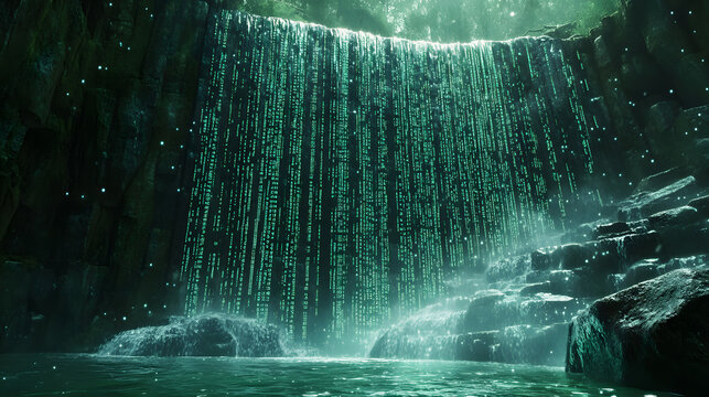 A serene forest scene with a waterfall made of digital code, blending nature with futuristic technology in a tranquil atmosphere. Binary code