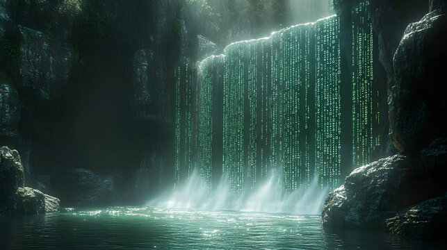 A serene forest scene with a waterfall made of digital code, blending nature with futuristic technology in a tranquil atmosphere. Binary code