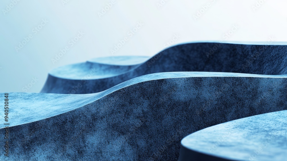 Poster abstract blue wave-like structures with a textured surface, creating a minimalist and modern backgro