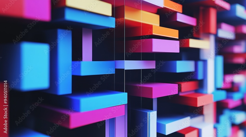 Poster abstract colorful geometric pattern with overlapping rectangular shapes in vibrant hues.