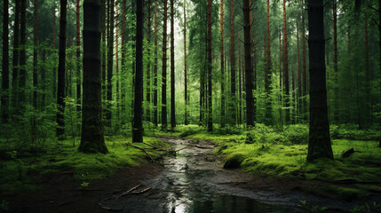 Obraz premium Tranquil Forest Path with Sunlight and Stream