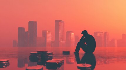 Financial distress flat design, side view, severe economic hardship theme, 3D render, Complementary Color Scheme