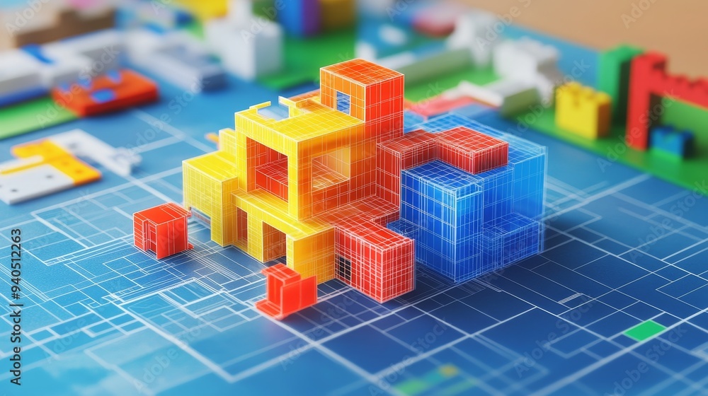 Poster colorful building blocks arranged in a playful and abstract design on a blueprint background.