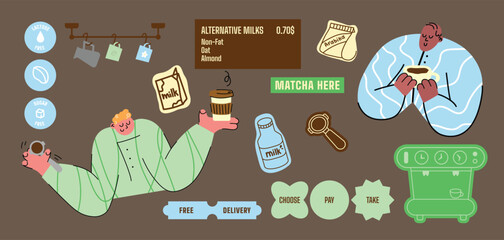 Fototapeta premium Coffee stickers and doodle characters. Graphic minimalist retro icons. Matcha, beans, coffee, arabica, coffee machine,milk