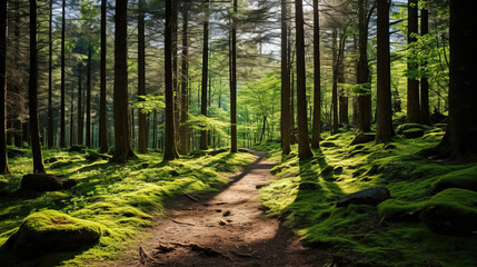 Forest Path with Sunlight and Moss Covered Ground