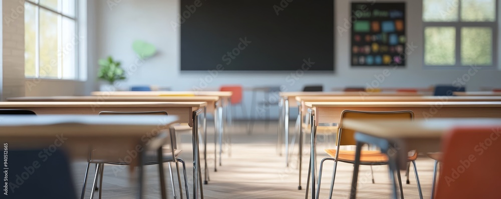 Poster empty classroom with desks and chairs, ready for learning.