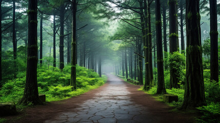Fototapeta premium Serene Forest Path: A Misty Woodland Trail