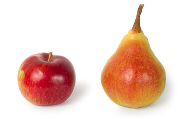 Fresh natural apple and pear on a white background. Organic fruit close-up.
