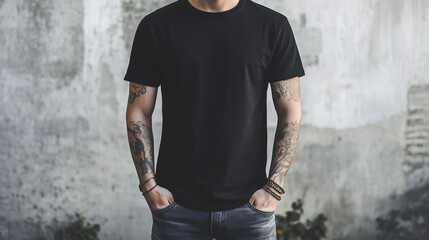 Man in black t-shirt and jeans posing, plain t-shirt mockup to place your logo or design