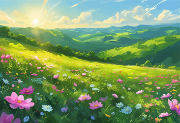 Fototapeta premium Vibrant Field of Wildflowers with Sunset View