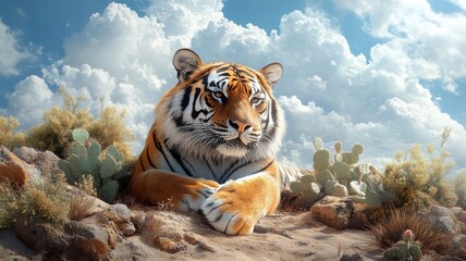 Obraz premium A tiger in a desert with a lush garden and cacti, creating a striking contrast between arid and verdant elements.