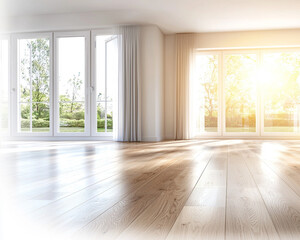 Fototapeta premium Bright and airy interior space with large windows, showcasing warm sunlight illuminating polished wooden floors.