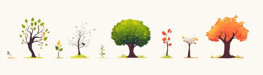 Obraz premium Tree growth flat design, side view, stages of a tree s life theme, cartoon drawing, Complementary Color Scheme