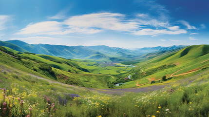 Serene Mountain Valley Landscape with Winding Road and Wildflowers