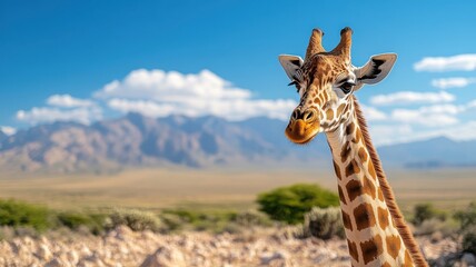 Fototapeta premium A giraffe in a desert with a lush garden and cacti, contrasting arid and verdant landscapes.