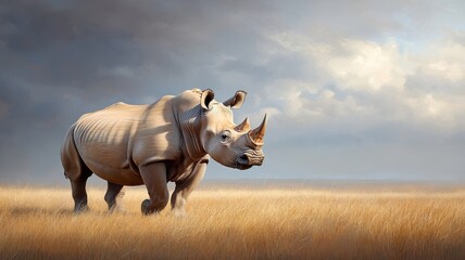 Obraz premium A rhinoceros drumming in the savannah, its powerful presence and rugged texture standing out against the golden grass.