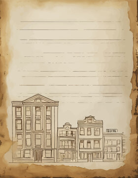 Vintage Cityscape Sketch: Old-fashioned Buildings and Street