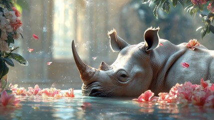 A rhinoceros enjoying a luxurious spa surrounded by exotic flowers, creating a serene and opulent experience.