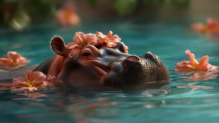 Fototapeta premium A hippopotamus enjoying a luxurious spa surrounded by exotic flowers, creating a serene and indulgent atmosphere.