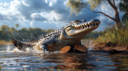 Obraz premium A crocodile drumming on the riverbank, its tail creating a powerful rhythm amidst the vibrant, natural setting.