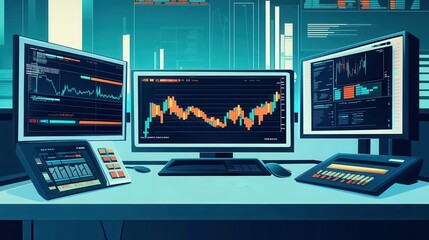 Bluechip stocks flat design, front view, stable investments theme, cartoon drawing, Splitcomplementary color scheme